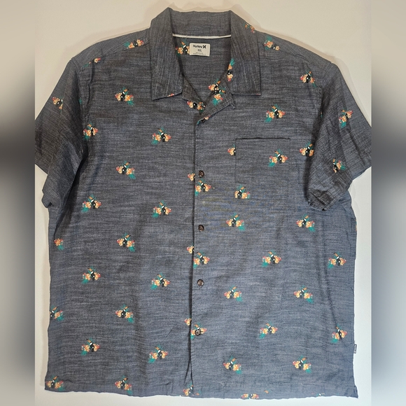 Hurley Mens Button Down Shirt Size XXL Grey Floral Toucan Tropical Vacation Wear - Picture 1 of 7